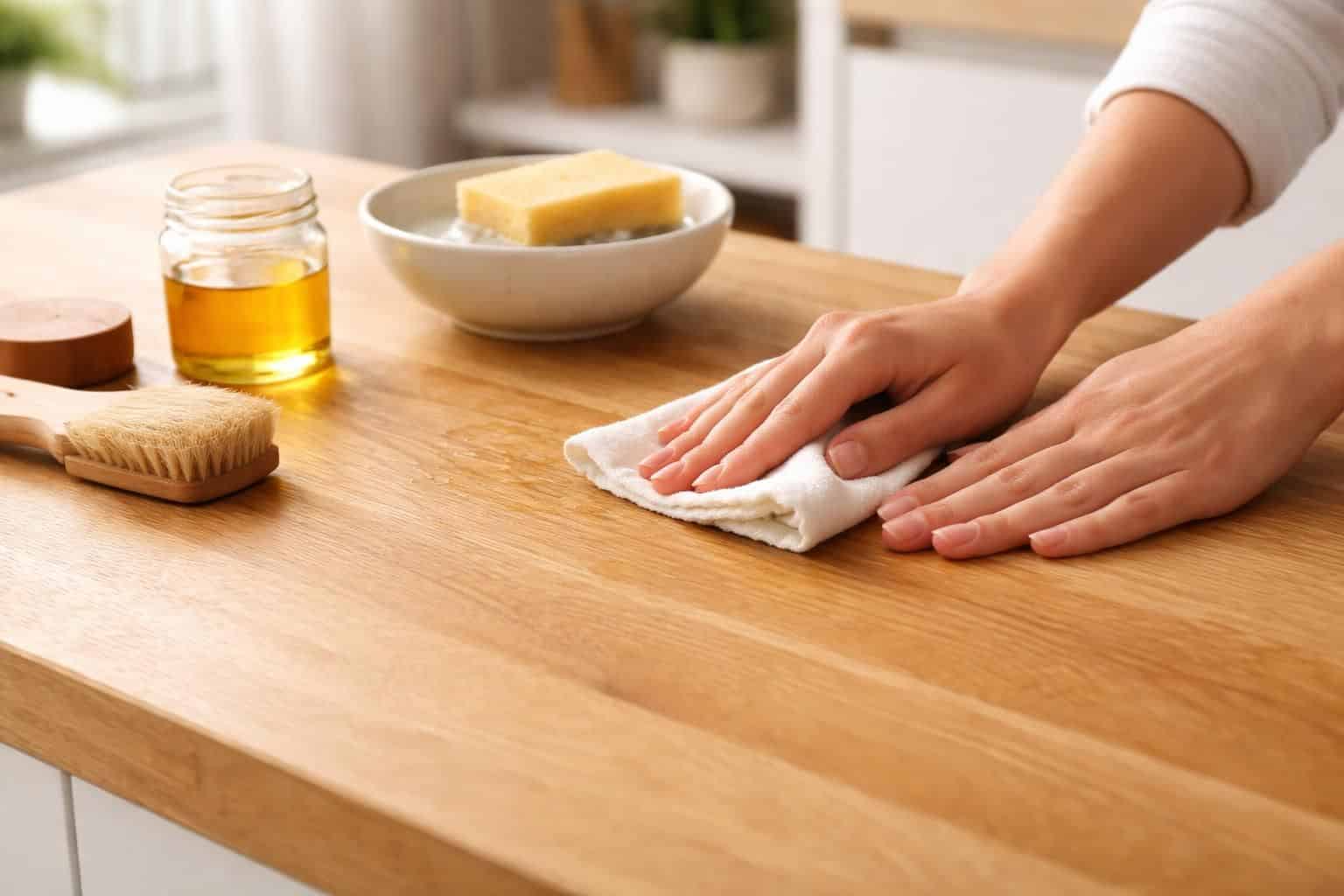 d&eacute;couvrez nos conseils pour entretenir votre plan de travail en bois efficacement, afin de le pr&eacute;server et &eacute;viter qu'il ne s'ab&icirc;me avec le temps.