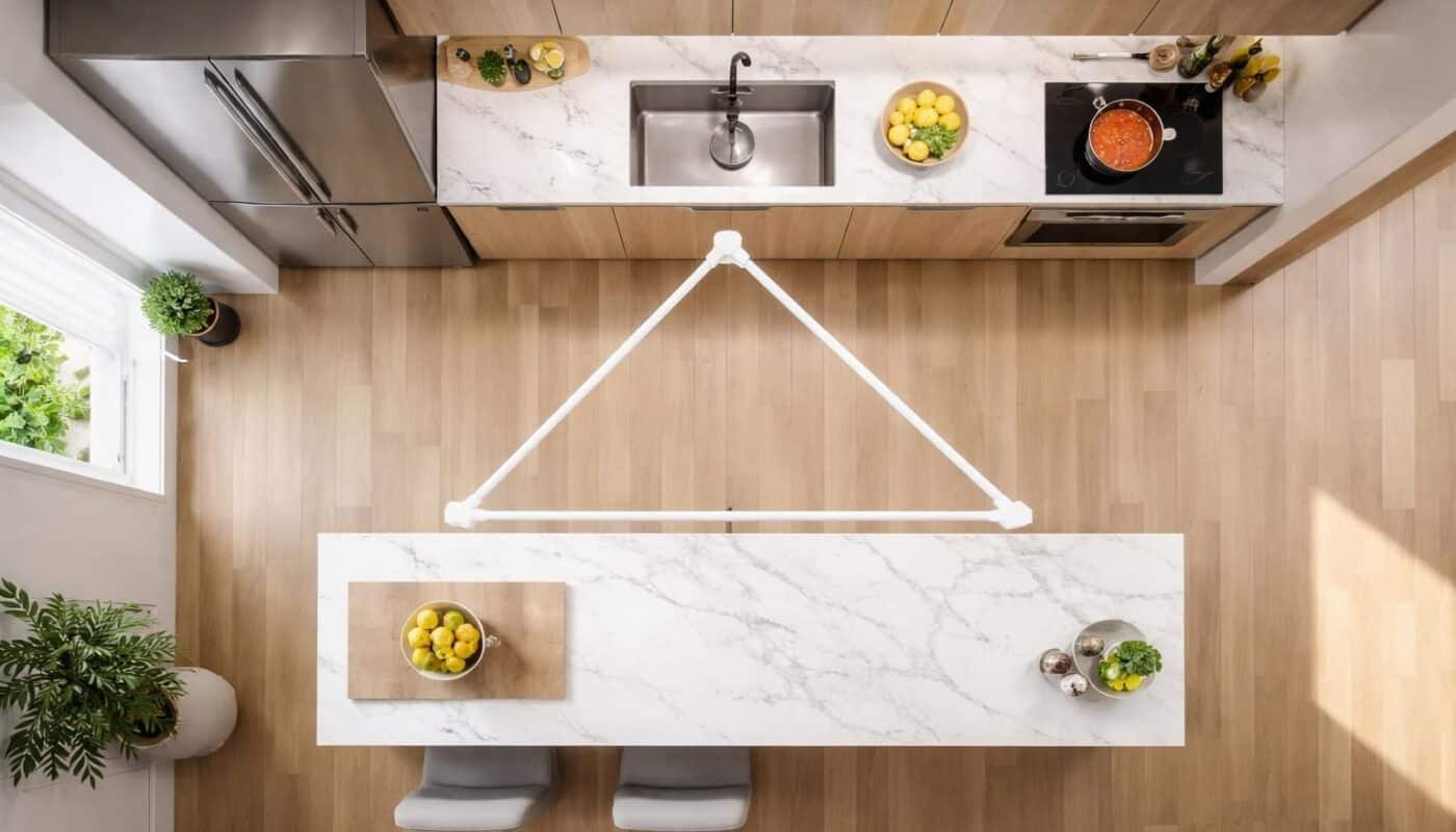 découvrez comment le triangle d'activité en cuisine optimise votre espace pour un aménagement ergonomique, facilitant vos déplacements entre les zones cuisson, lavage et stockage.