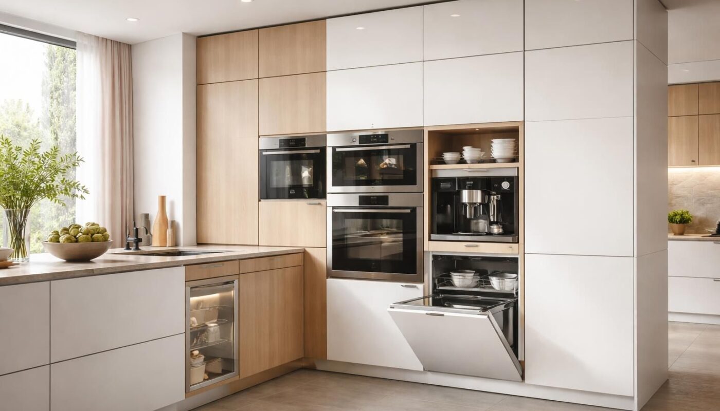 découvrez nos colonnes de rangement avec électroménager intégré, une solution astucieuse pour optimiser l'espace et gagner de la place dans votre cuisine.